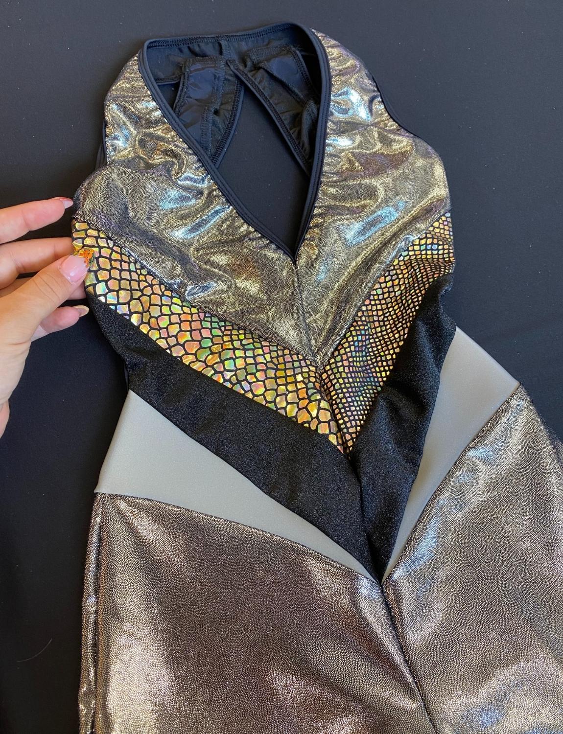 Burnt Soul custom backless catsuit in gold fabric 